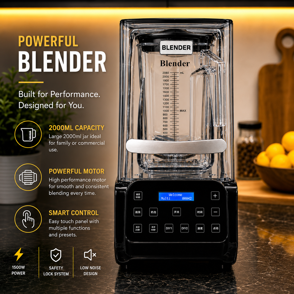 Commercial Digital Blender – 2L Sound-Enclosure Blender with Tea & Milk Foam Presets