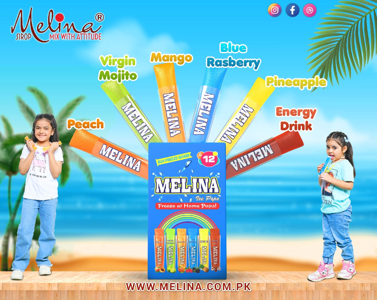MELINA ICE POPS / FREEZING POPS  6 Assorted Flavors (Pack of 12)