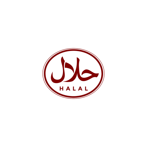 Red 'HALAL' logo with Arabic text on a white background